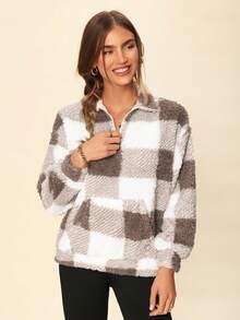 Coeurva Buffalo Plaid Print Half Zip Drop Shoulder Teddy Sweatshirt,Long Sleeve Tops In Fall/Winter - Multicolor - View 4