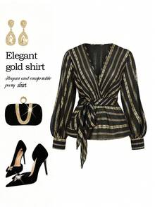 SHEIN Clasi 大码女式金属箔印花V领长袖休闲通勤优雅衬衫 - 彩色 - 查看 3