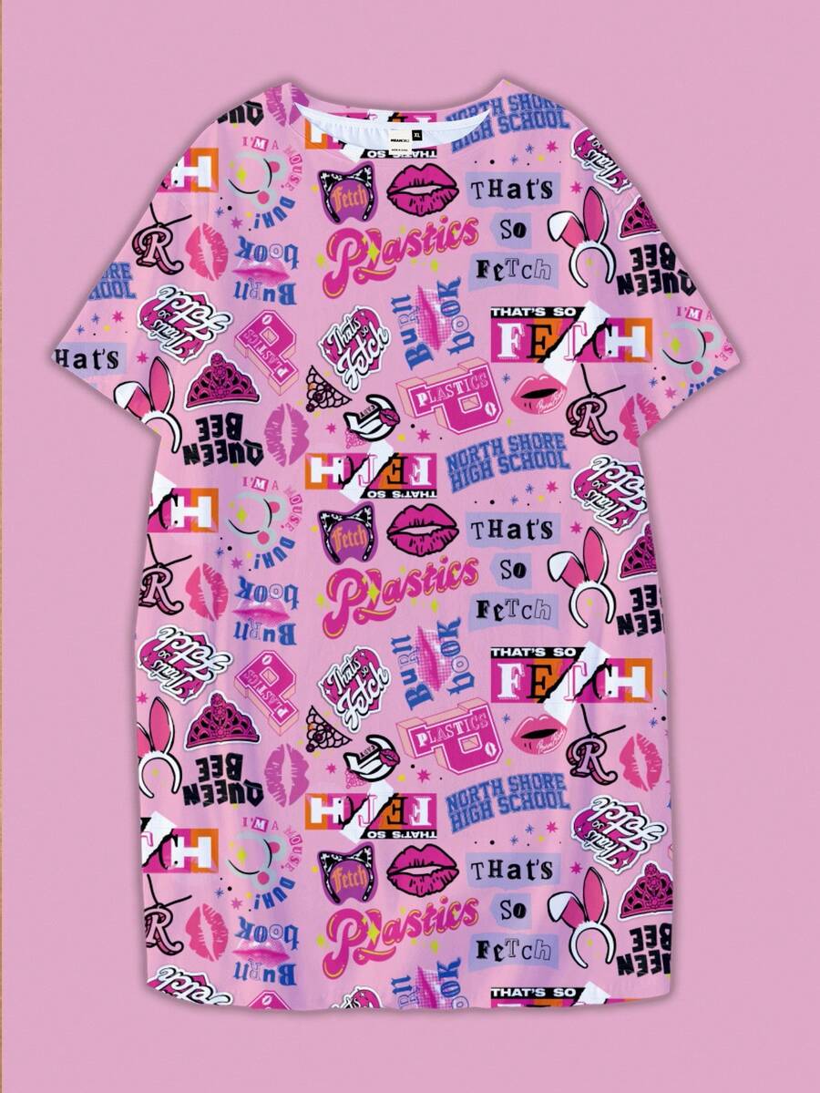 Mean Girls | SHEIN 大码全印花睡衣连衣裙，哞哞睡裙 - 粉色 - 查看 1