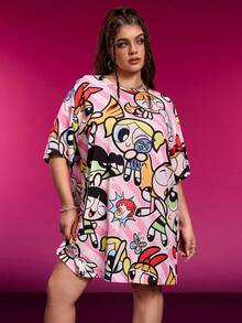 THE POWERPUFF GIRLS X SHEIN Plus Size Summer Casual Cute Blossom, Bubbles, Buttercup Pattern Short Sleeve Dress Graphic Dress Plus Size Tshirt Dress Kawaii Plus Size Y2k Tee Dress - Multicolor - View 4