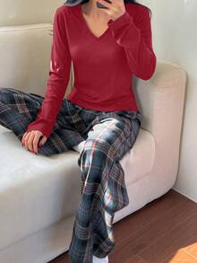DAZY 2件套 女士宽松休闲舒适家居服套装，春季、冬季服装 - 酒紅色 - 查看 4