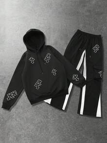 ROMWE MEN Bộ đồ thể thao thường ngày in hình thánh giá Gothic và quần ống loe cho nam, trang phục mùa thu - màu đen - Xem 3