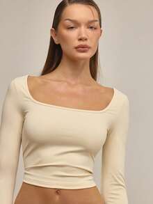 MUSERA 修身方领长袖上衣，优雅秋冬圣诞节夜间外出工作装，可爱又时尚。 - 奶油色 - 查看 2