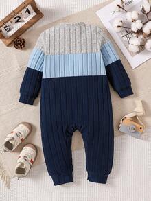 SHEIN 1pc Baby Boys' Colorblock Crew Neck Long Sleeve Jumpsuit,Comfortable Casual Ribbed Knit Romper For Autumn,Spring,Winter Outdoor Play & Home Wear - Blue - View 2