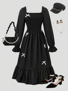 少女优雅黑色中长连衣裙，方领泡泡袖，蝴蝶结腰部褶皱连衣裙，适合家庭聚会、派对和日常穿着 - 黑色 - 查看 3