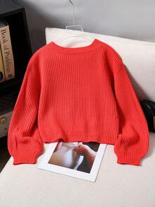 Tween Girl Casual Solid Color Long Sleeve Cardigan - Burnt Orange - View 2