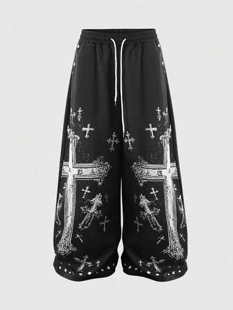Anime Men's Cross Printed Loose Wide Leg Long Pants