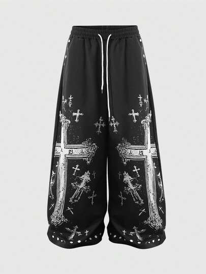Anime Men's Cross Printed Loose Wide Leg Long Pants