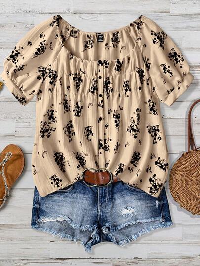 SHEIN LUNE Women's Woven Printed Summer Casual Shirt