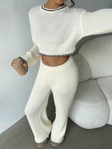 Aloruh Conjunto de dos piezas de suéter de color albaricoque con bordes negros - Top de suéter + Pantalones de suéter, cómodo y casual para usar en casa - Albaricoque - Ver 4