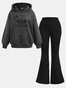 Girlism 少女休闲字母图案口袋连帽衫和喇叭裤套装，秋季 - 彩色 - 查看 14