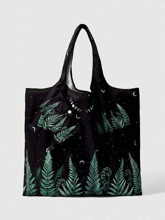 Fairycore 1 pieza, bolsa de tote plegable con estampado de hoja de helecho, estrella y luna, adecuada para mujeres