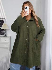 SHEIN CURVE+ Curve 加大码/秋装/秋季女装/女冬装/冬装大码女式乡村风格灯芯绒双口袋纽扣门襟中长外套，秋季夹克加大码夹克 8xl 女装 6xl 加大码女装 5xl 加大码加大码灯芯绒夹克，女式秋季服装/秋/冬 - 軍綠色 - 查看 5