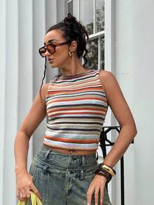 Jeanoix 女式夏季撞色条纹卷边无袖针织上衣 - 彩色 - 查看 4