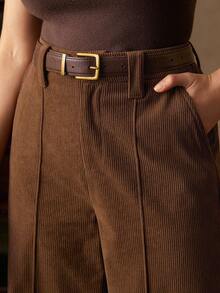 Anewsta Calça de veludo cotelê com detalhes de design, cinto retrô vintage, ideal para o trabalho, escritório e ocasiões casuais, outono/inverno.