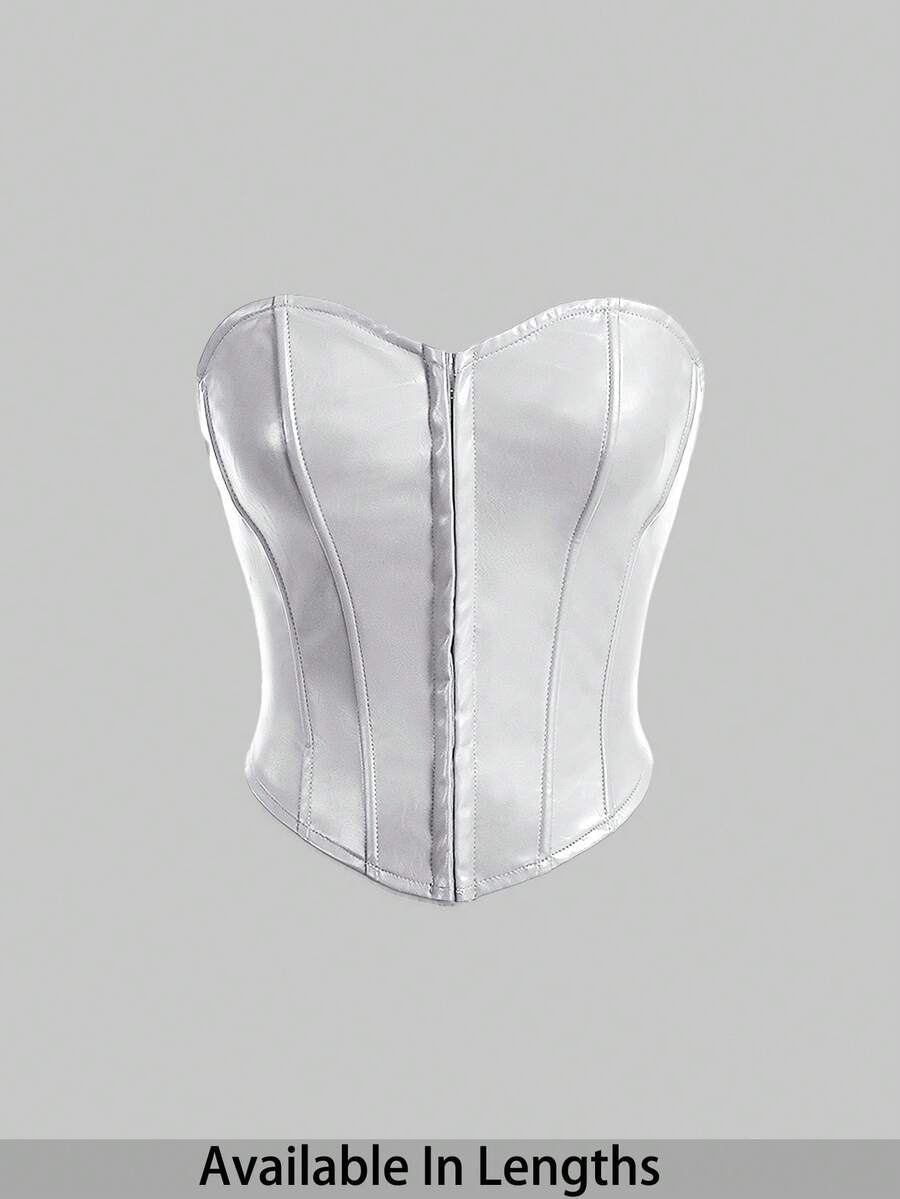 SHEIN Tall CURVE เสื้อเกาะอกหนัง PU สีดำตกแต่งกระดุมด้านหน้าตรงกลางไซส์ใหญ่ - สีเงิน - ดู 1