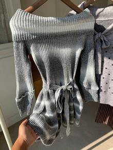 Comfortcana 女式露肩长袖系带渐变色针织连衣裙，秋冬时尚 - 灰色 - 查看 6