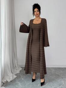 Modelyn 女士针织条纹开衫和吊带裙两件套，适合秋冬季外出约会 - 棕色 - 查看 5