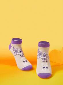 LOONEY TUNES X SHEIN Women's Comfortable Soft Contrast Color Letter & Rabbit Pattern Ankle Socks - Purple - View 2