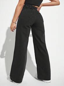 SHEIN ICON 大码女式黑色无弹力阔腿牛仔裤 - 黑色 - 查看 2