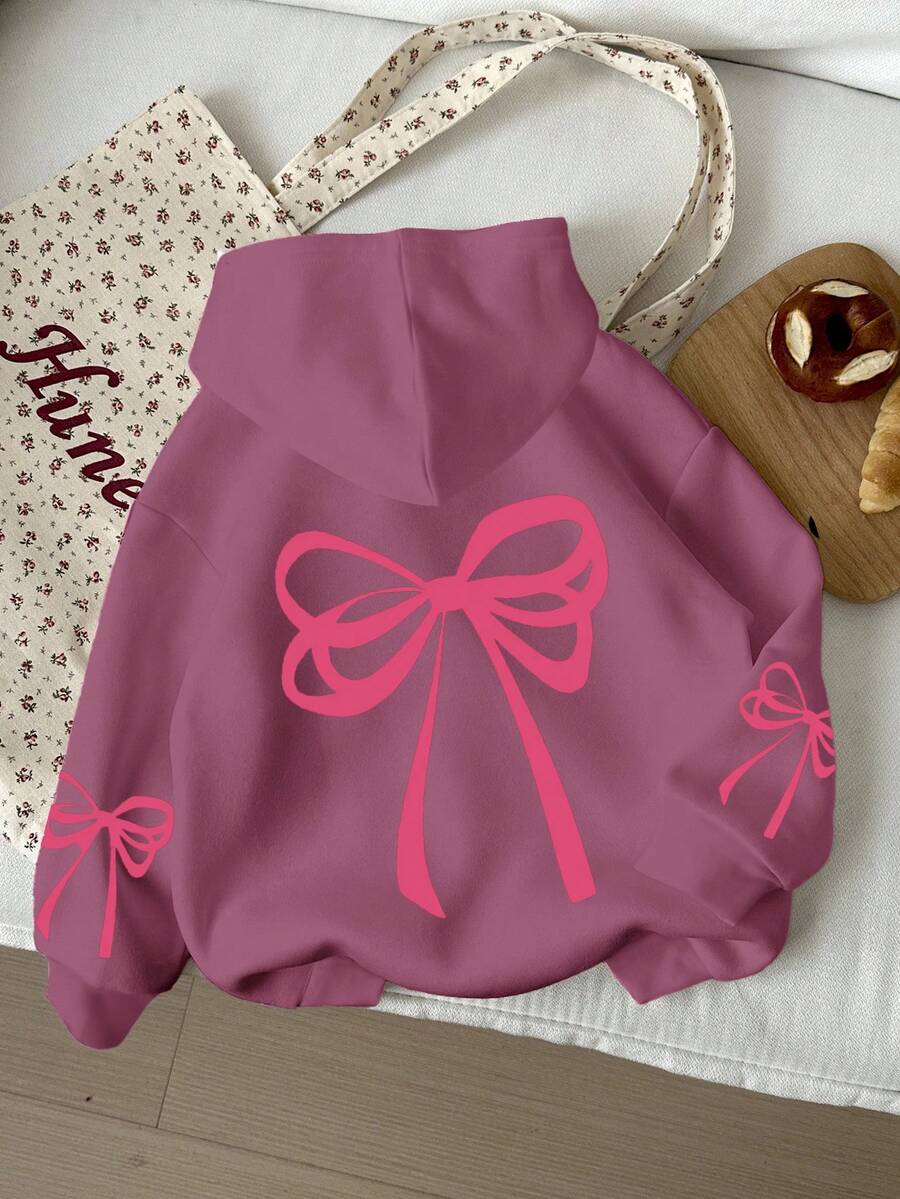 SHEIN Leap Crew Tween 女童休闲可爱蝴蝶结装饰宽松圆领舒适长袖连帽运动衫，奶油红色，适合秋冬季