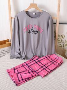 SHEIN 4 件套女童字母印花长袖上衣 + 格子裤休闲家居服套装 - 彩色 - 查看 7