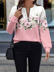 EMERY ROSE Sweat-shirt décontracté et élégant pour femmes, à demi-zip et ample, imprimé floral, convient pour l'automne/l'hiver