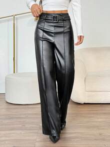 SHEIN PETITE Quần ống đứng trơn PU tối giản dành cho nữ, trang phục thường ngày, phù hợp cho mùa thu/đông, nâng cấp nhỏ nhắn - màu đen - Xem 6