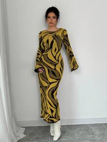 Elenzga Women's Casual Patterned Bell Sleeve Fitted Knit Dress, Autumn/Winter - Yellow - View 1