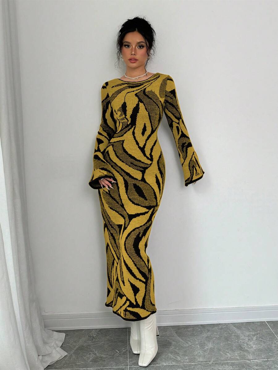 Elenzga Women's Casual Patterned Bell Sleeve Fitted Knit Dress, Autumn/Winter - Yellow - View 1