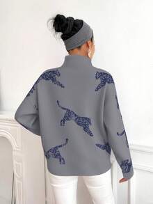 SHEIN Clasi 女式豹纹落肩长袖宽松休闲毛衣，秋冬 - 灰色 - 查看 2