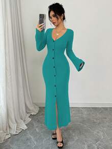 Elenzga Women's Front Button Flare Sleeve Sweater Dress - Green - View 3