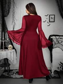 Whyspr 大码女式 V 领长袖喇叭袖蕾丝拼布网眼透明优雅复古休闲可爱性感朋克哥特派对万圣节双开衩长裙 - 酒紅色 - 查看 2