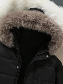 1 pieza Parka con capucha acolchada de ajuste holgado, forrada térmicamente, de color negro, para adolescentes, adecuada para otoño/invierno, uso al aire libre, viajes, escuela y diversas ocasiones - Negro - Ver 6