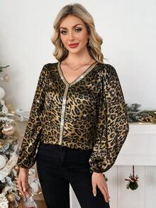 Gownix 女士金箔豹纹 V 领长袖修身衬衫，优雅时尚，适合派对穿着