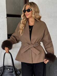 Chiquease 女士 V 领长袖系带衬衫，棕色，休闲上衣，适合感恩节、春/秋/冬、新年、万圣节、圣诞节 - 棕色 - 查看 1