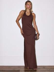 MUSERA Scoop Neck Extreme Open Back Leg Split Maxi Long Dress Occasion Night Out Going Out Autumn Fall Sexy Classy Cute Spring Summer Elegant Dresses - Coffee - View 1