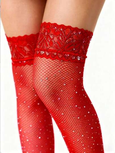 Kawaii زوج جوارب طويلة حتى الفخذ مزخرفة بالراين الأنيقة والجذابة باللون الفوشيا، مناسبة للمناسبات الرومانسية والحفلات والمهرجانات الموسيقية