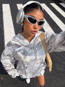 Muchica 秋冬女式针织树枝印花落肩长袖休闲连帽衫 - 彩色 - 查看 3