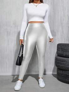 SHEIN Essnce Plus Size Women's Autumn And Winter Casual Fashion Basic Thermal Lined Warm Black Stretch PU Leather Leggings,Women Bottom,Winter Outfits,Curve Pants,Street Wear,Leather Pants,Fleece Leggings,Thermal Lined Leggings,Warm Leggings,Women Tights - Silver - View 5