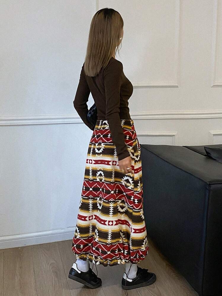 2pcs/Set Women Thickened Solid Color Long Sleeve T-Shirt & Maxi Skirt Casual Vacation Outfit, Autumn/Winter