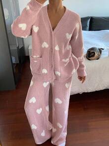 DAZY Women's Heart Pattern Knitted Loose Pajama Set, Winter, Fall Clothes - Pink - View 5