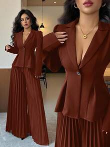 Elenzga 女士优雅通勤黑色西装外套，翻领和金边装饰纽扣，长泡泡袖，合身设计 + 女士优雅通勤黑色褶皱设计宽松阔腿裤，春秋 - 橘色 - 查看 1