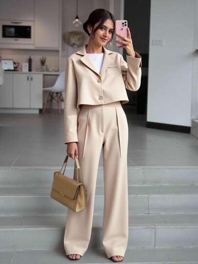 3pcs Teenage Girls' Spring/Autumn Business Style Fashion Cropped Button Blazer Jacket, Solid Color Blouse, And Loose Straight Leg Suit Pants Set