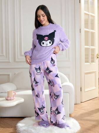 HELLO KITTY AND FRIENDS | SHEIN 女士舒适休闲可爱卡通刺绣宽松蓬松上衣和棋盘格长裤睡衣套装，秋冬款