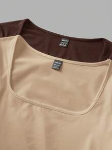 SHEIN EZwear 2pcs/Set Women Square Neck Slim Fit Long Sleeve Casual T-Shirt Set, Brown & Khaki,Fall,Fall Clothes For Women - Multicolor - View 5