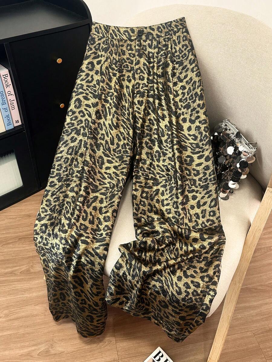 Franclia Plus Size Women Foil Leopard Print Wide Leg Loose Casual Pants, Autumn/Winter Pattern Pants Leopard Print Pants Golden Leopard Print Pants Animal Print Pants Cheetah Print Pants Animal Print Clothes Gold Leopard Print Pants - Gold - View 1