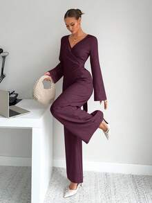 Siren Gaze Autumn New Solid Color Overlapping Collar Cinched Waist Flare Sleeve Shirt And Pants Set Winter Christmas Elegant Red,Fall,Fall Clothes For Women Burgundy Spring Valentine's Day - Burgundy - View 6