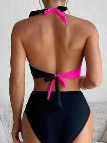SHEIN Swim Women's Contrast Color Backless High Waist Sexy Holiday Bikini Set Summer Beach Two Pieces Swimsuit