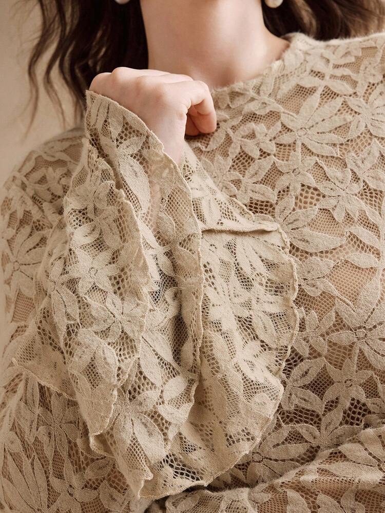 Valentine Elegant Apricot High Collar Semi-Sheer Lace Flare Sleeve Ruffle Hem Plus Size Blouse For Women, Suitable For Fall, Winter, New Year, Elegant, Chic, Stylish, Christmas, Going Out